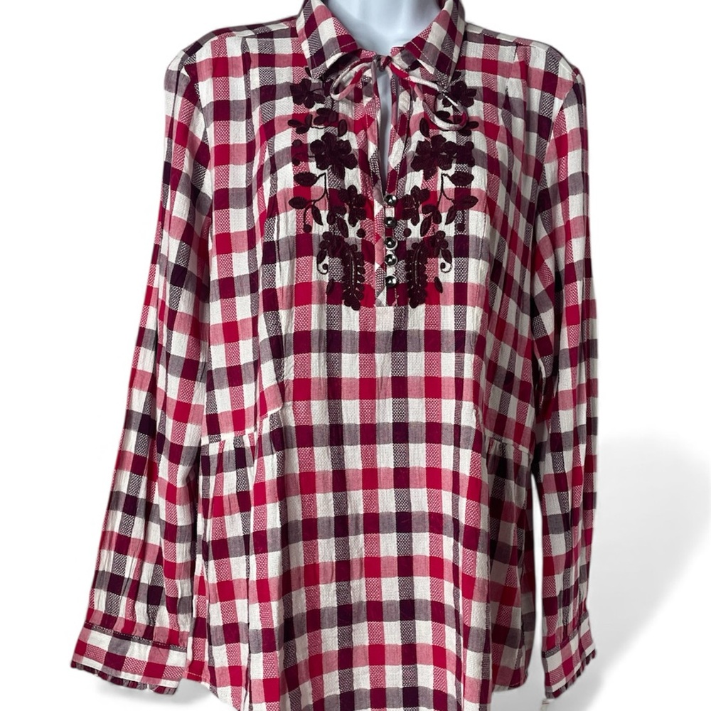 Vintage America Blues Chic Checkered Floral Embroidered Tunic Sz L New with Tags